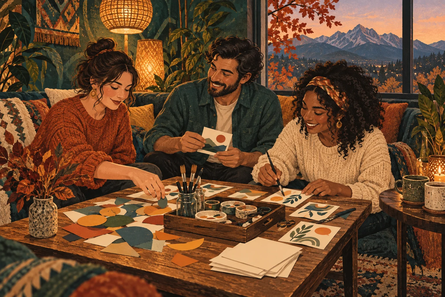 Illustration of three friends making paper crafts at a warmly lit lounge table.