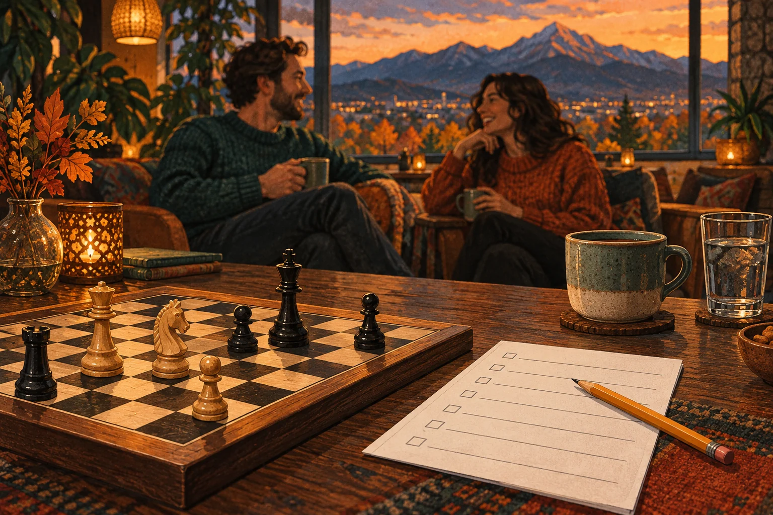 Illustration of a chessboard and trivia answer sheet on a lounge table at mountain dusk.