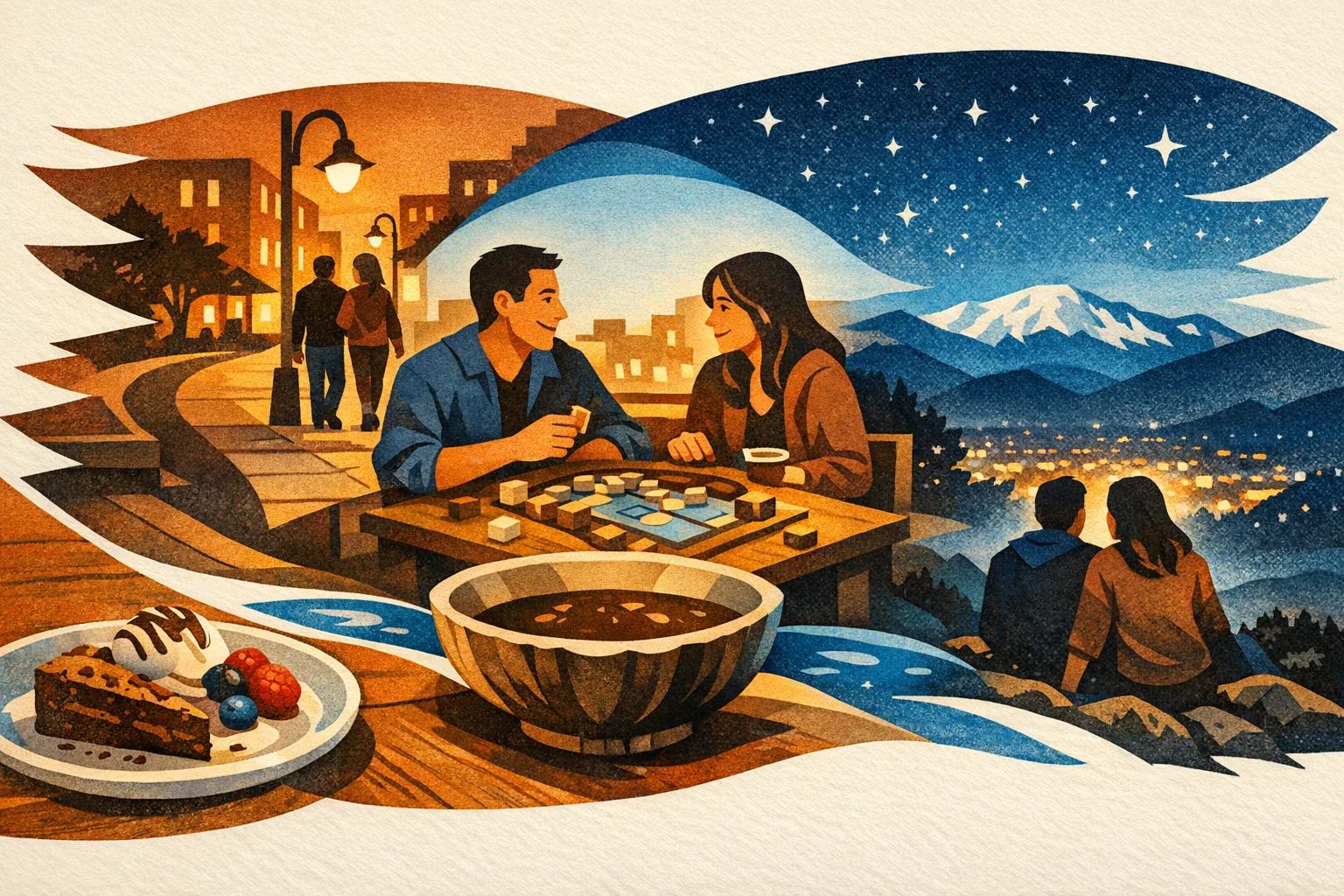 Illustrated alcohol-free evening plan connecting dessert, a downtown walk, kava and games, and stargazing near Pikes Peak