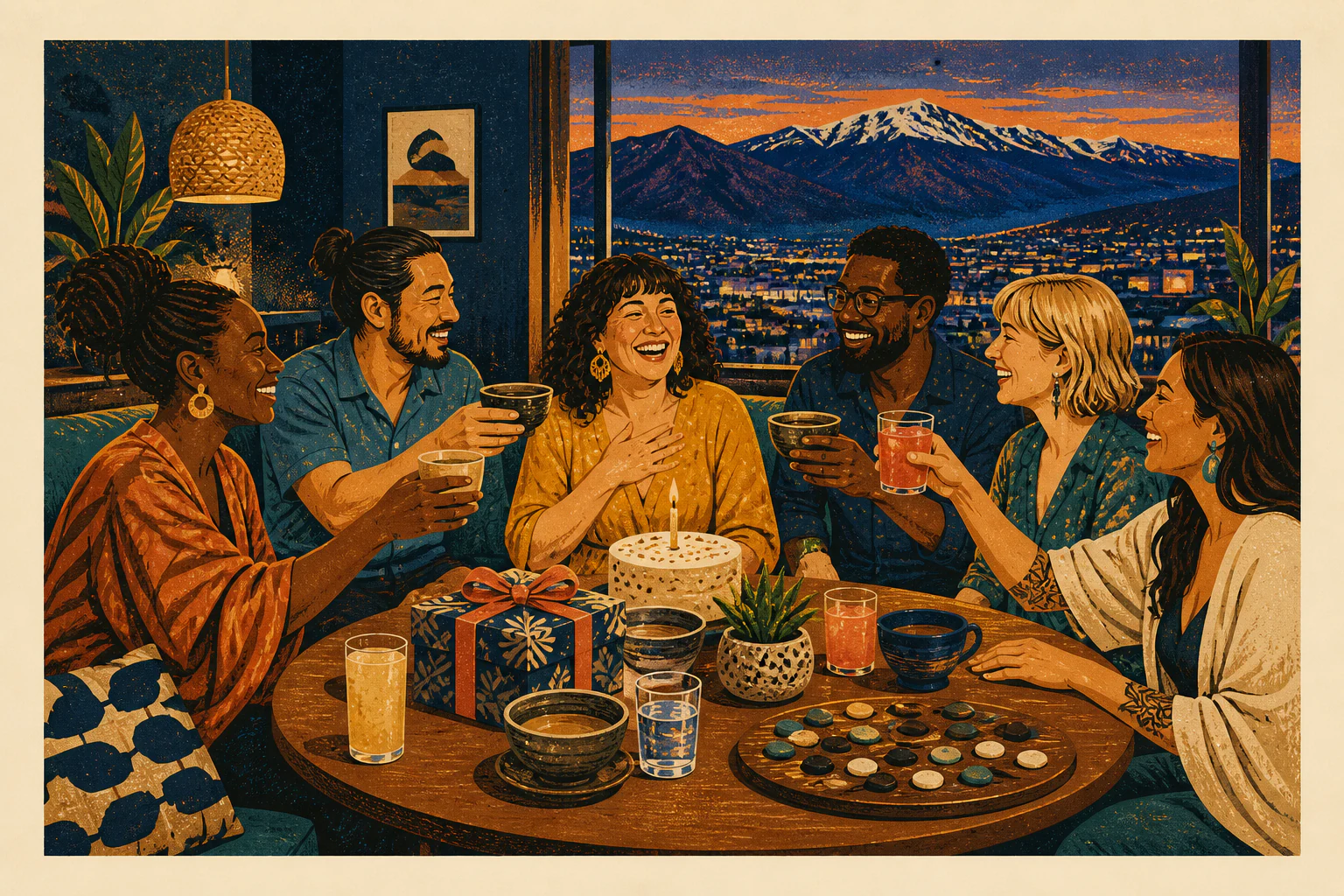Illustration of adults celebrating an alcohol-free birthday with kava drinks, cake, games, and Colorado mountain details