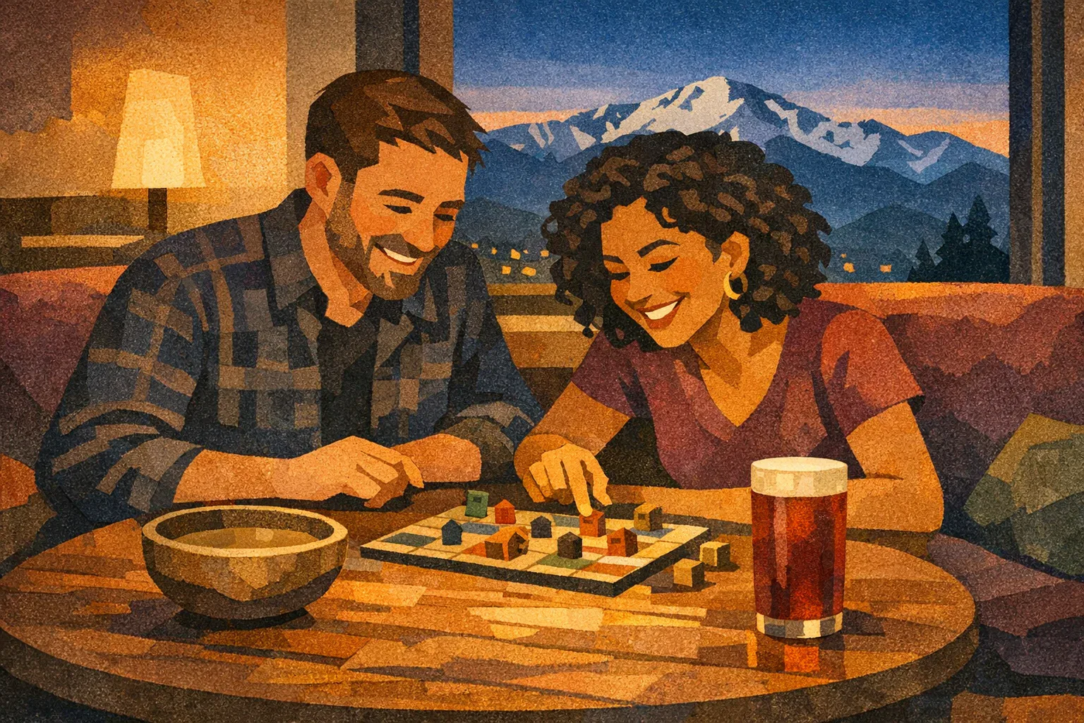 Illustration of two adults sharing a tabletop game, traditional kava, and nitro tea on an alcohol-free Colorado Springs date
