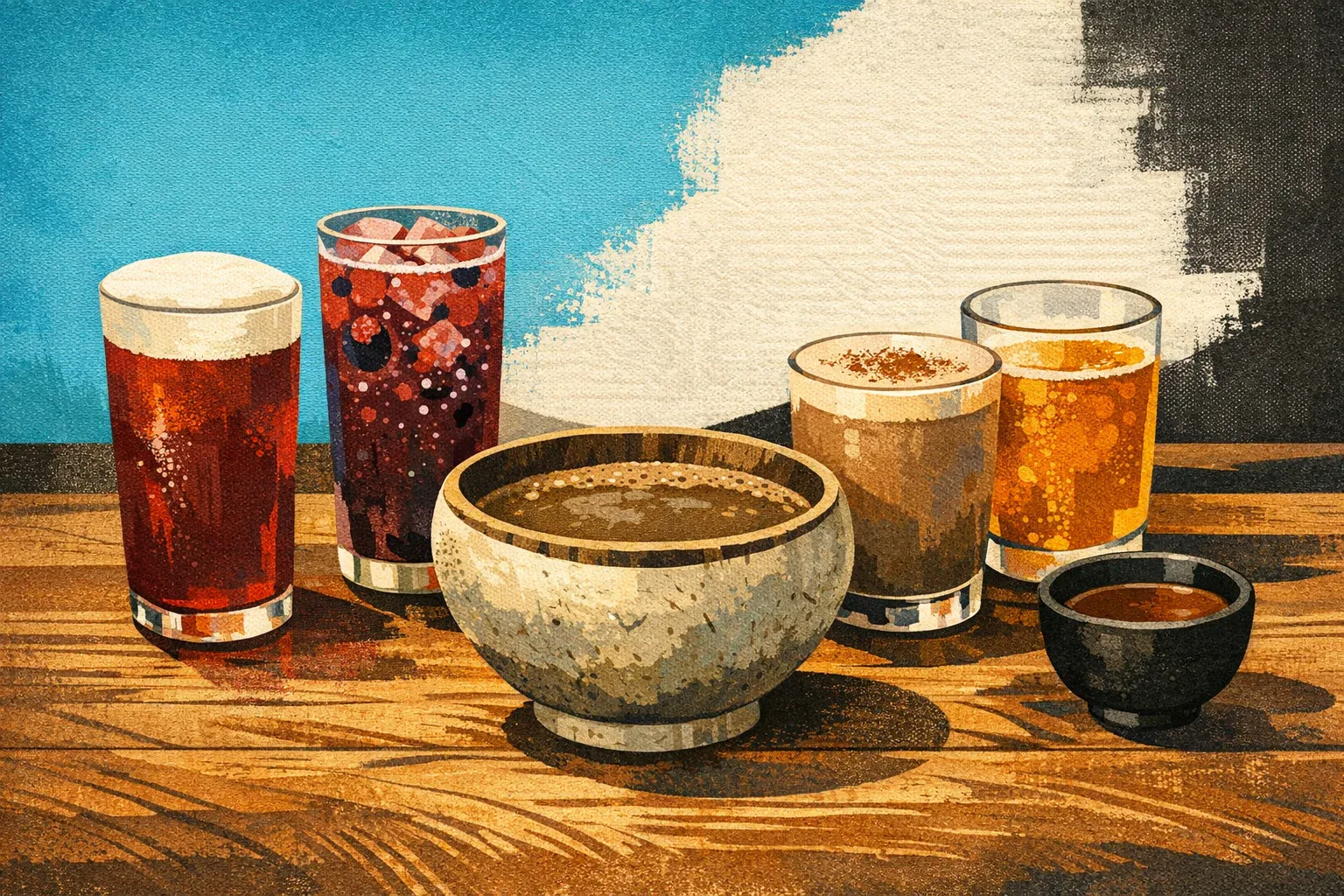 Illustrated lineup of kava soda, nitro tea, a traditional kava shell, flavored kava, kombucha, and a compact pour