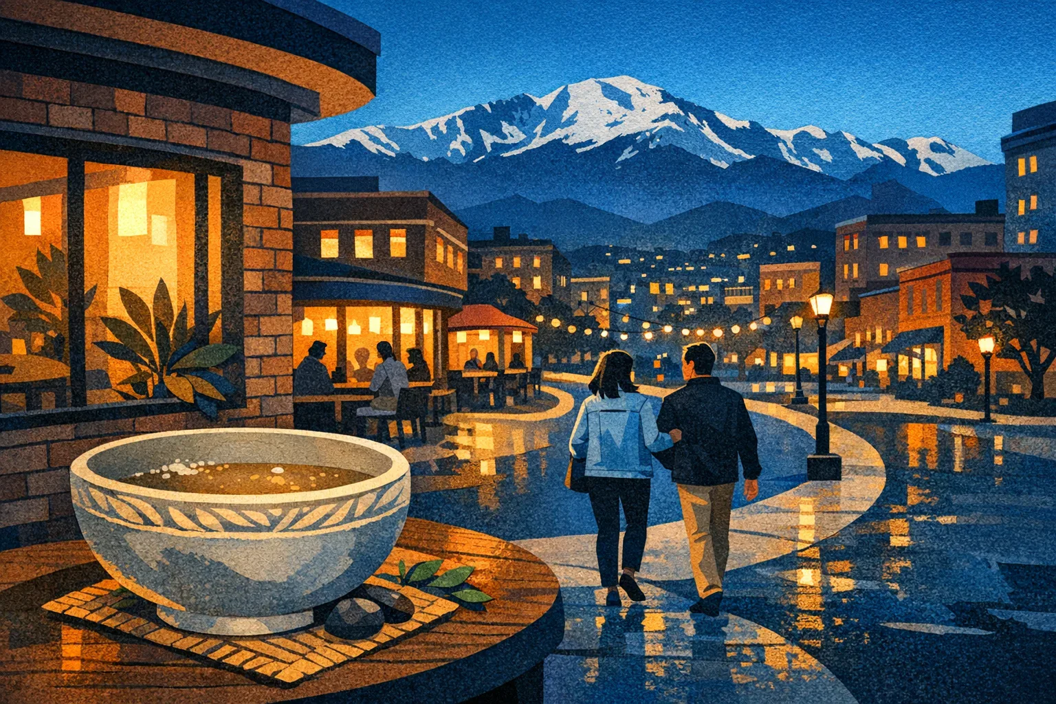 Illustration of an alcohol-free downtown Colorado Springs evening with two adults, a kava shell, and Pikes Peak