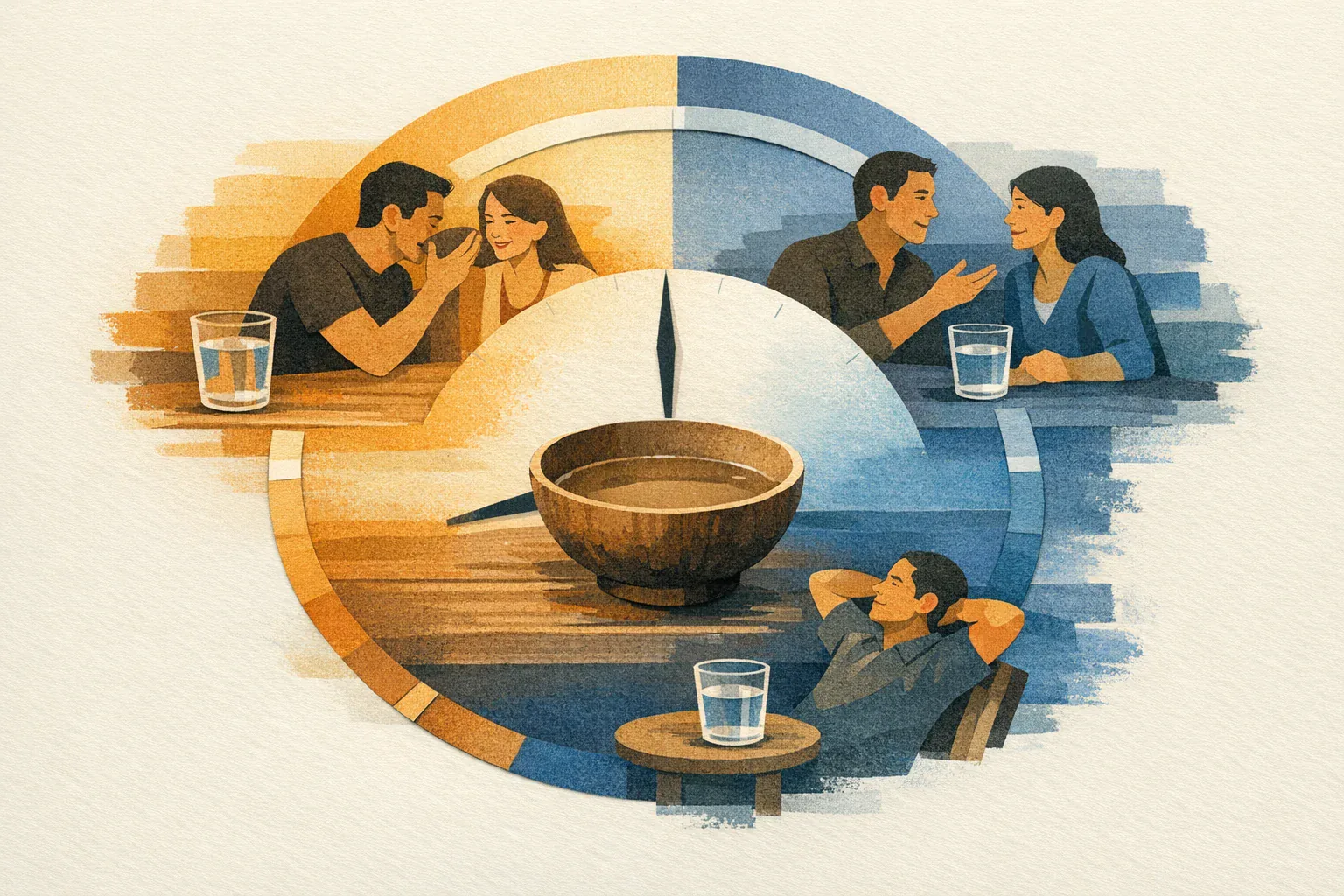 Illustrated gradual timeline from a first kava shell through conversation and later relaxation, with water for pacing