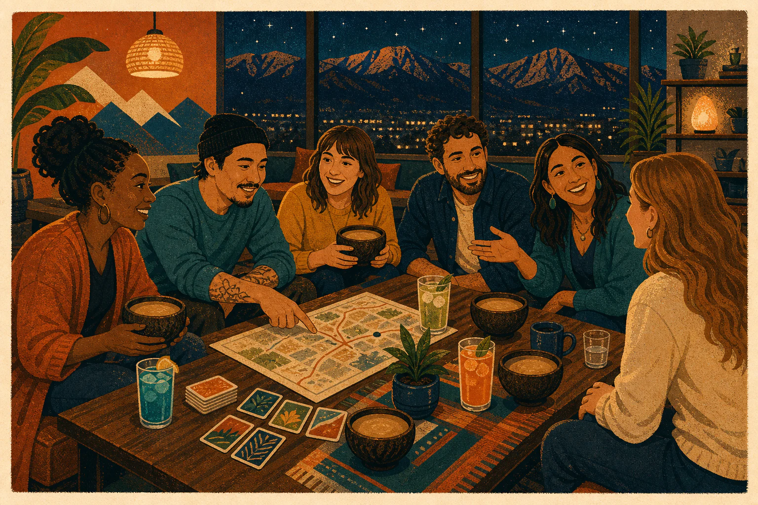 Illustration of a diverse adult friend group planning an alcohol-free Colorado Springs night around kava, games, and live music