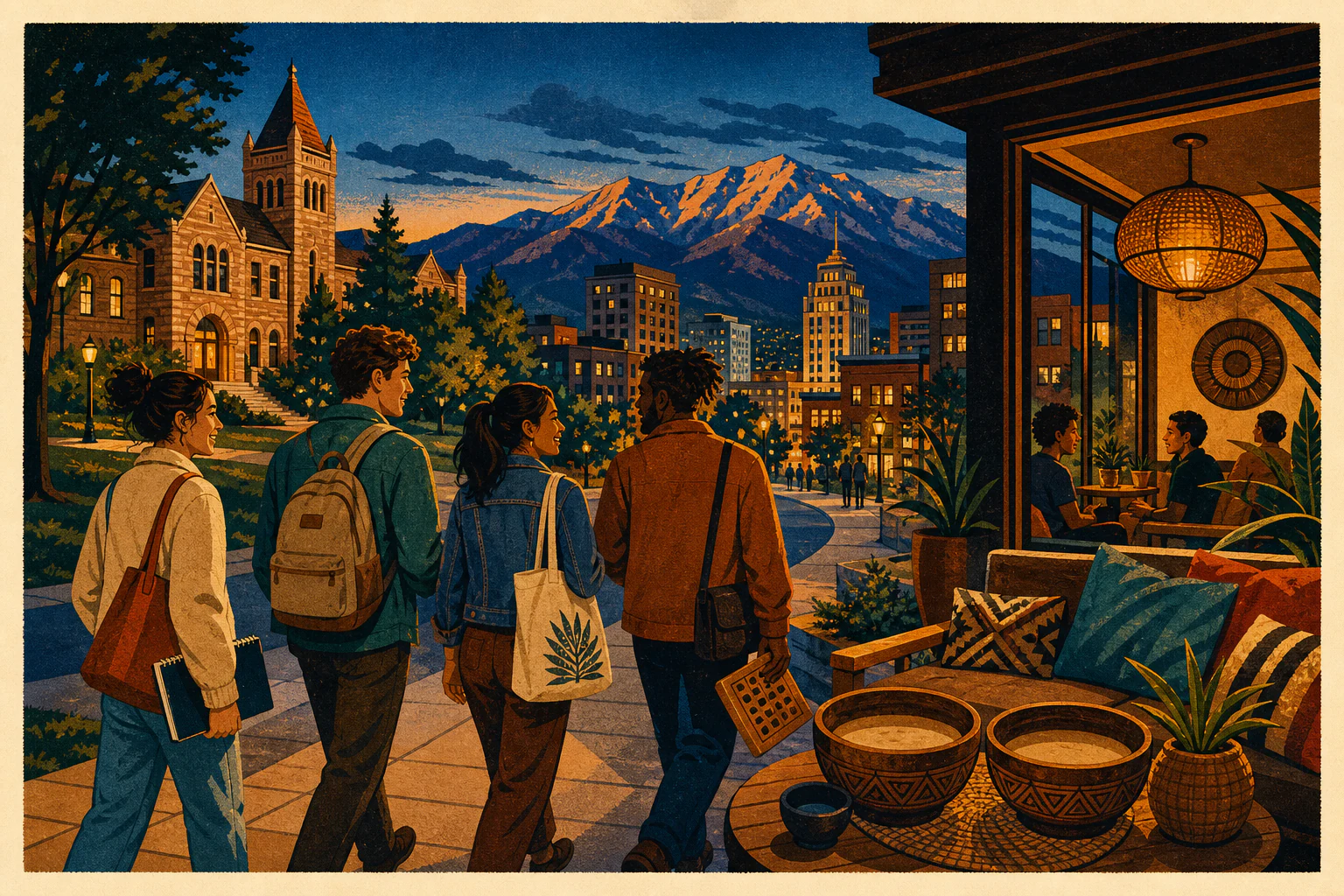 Illustration of Colorado College students heading downtown toward a welcoming Kava Works lounge with kava and Pikes Peak