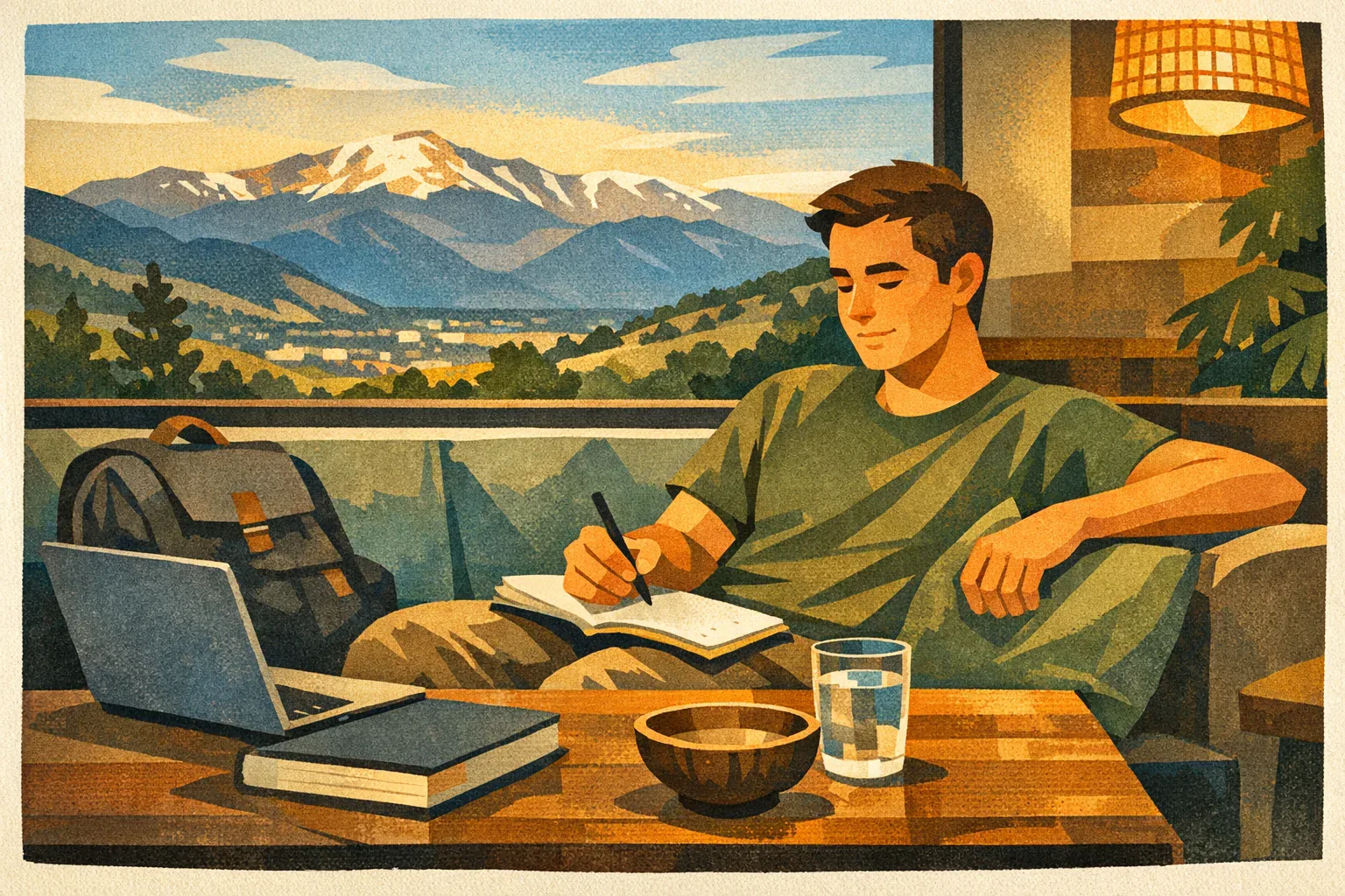 Illustration of an adult student studying with a laptop, notebook, water, and a kava shell near the Colorado Springs mountains
