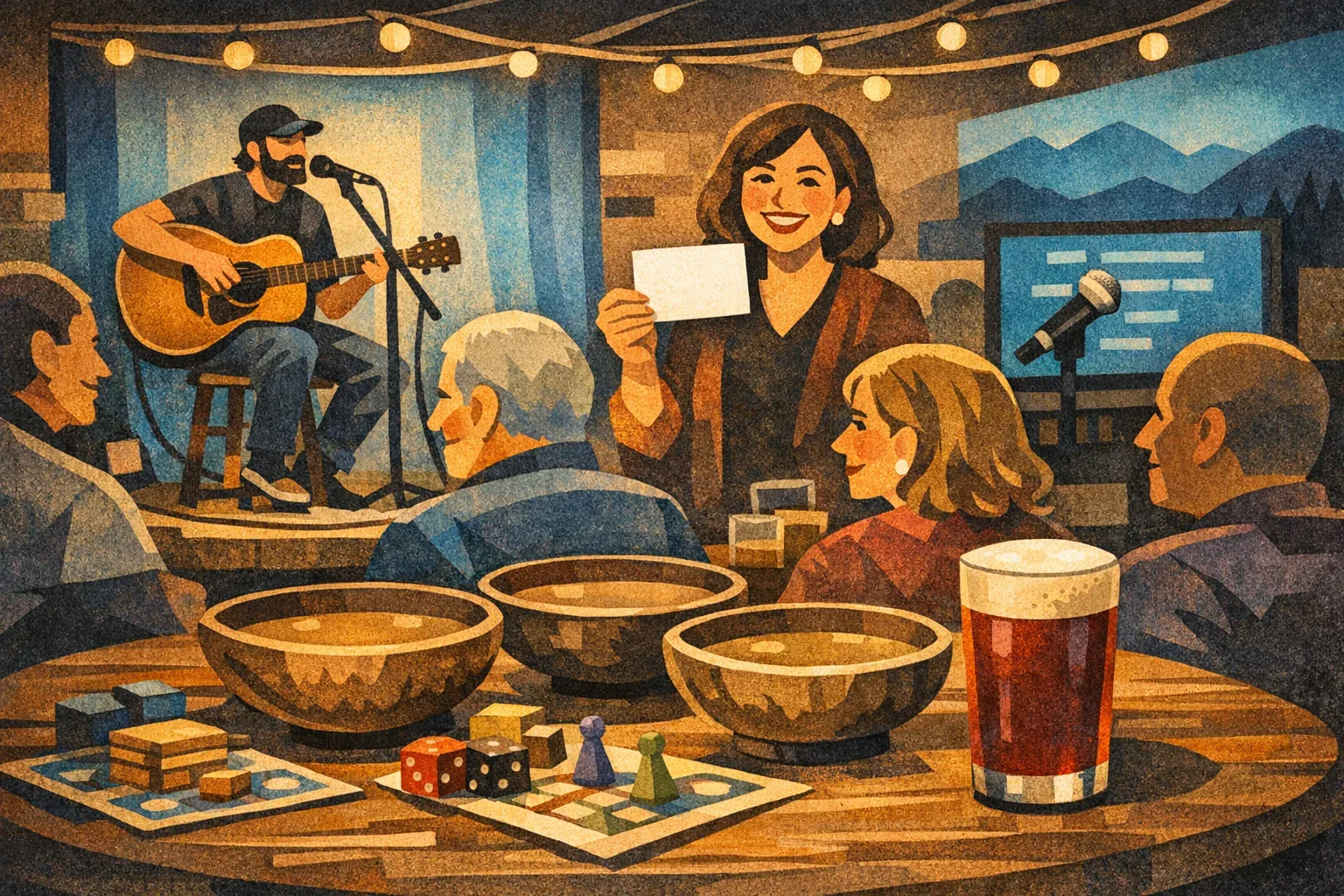 Illustration of a kava community night with acoustic music, trivia, karaoke, tabletop games, kava shells, and nitro tea