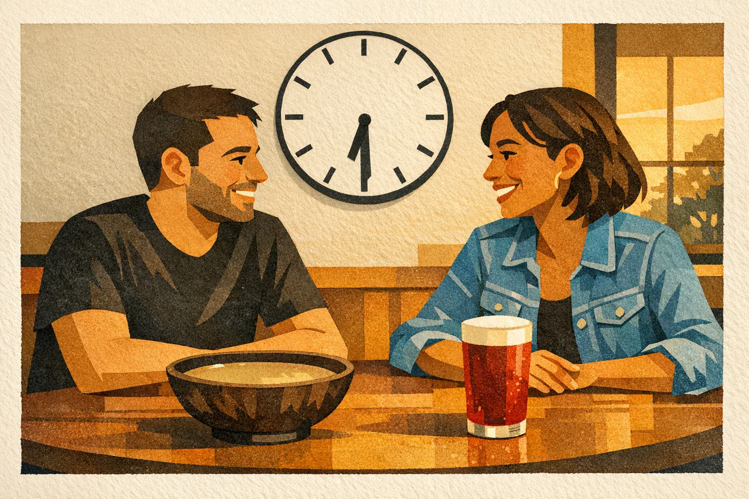Illustration of two adults talking over a traditional kava shell and nitro tea during the 6 to 7 p.m. happy hour