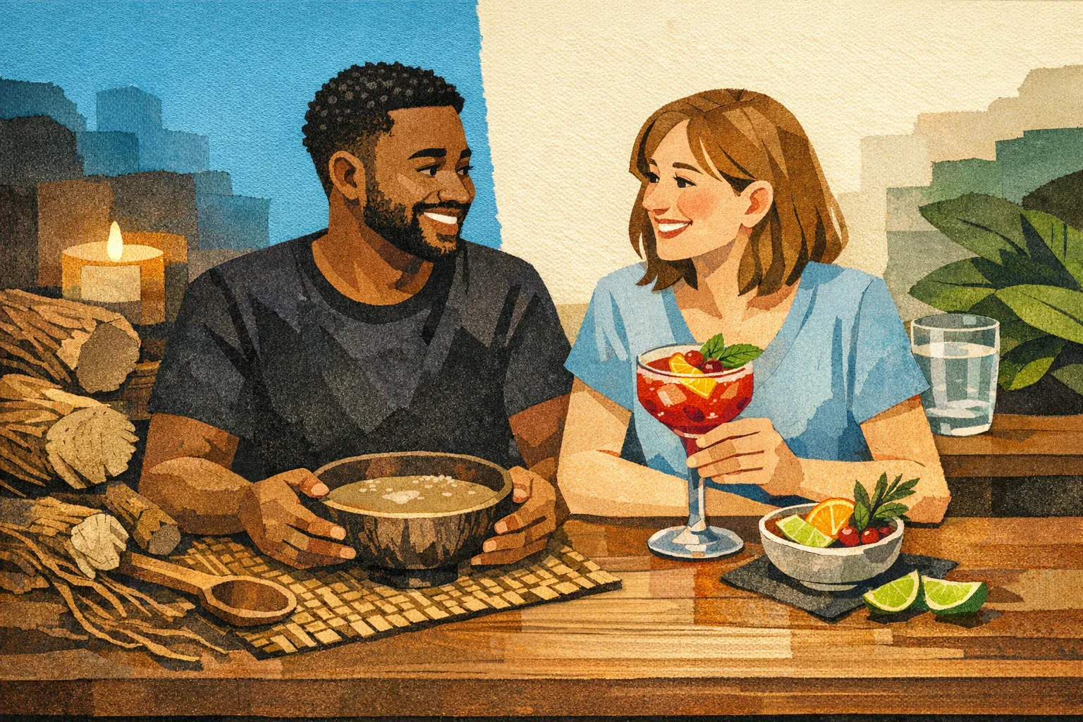 Illustration comparing a traditional earthy kava shell with a polished fruit-and-herb mocktail at the same table