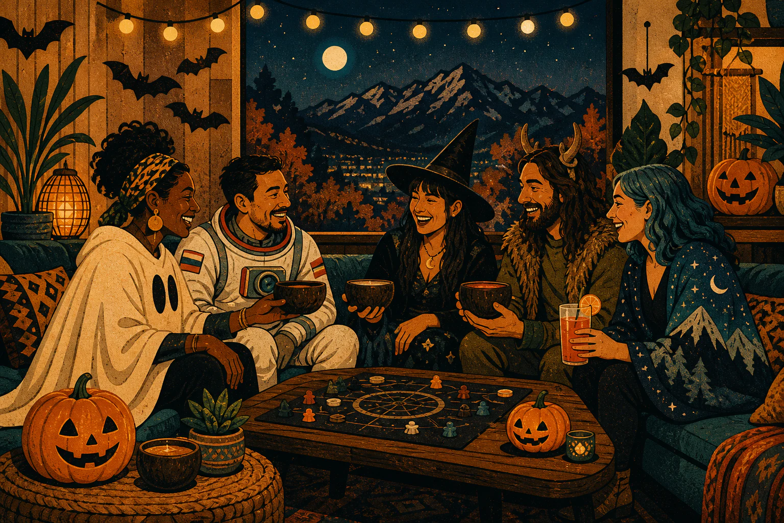 Illustration of costumed adult friends sharing kava and playing games on a sober Halloween night in Colorado Springs