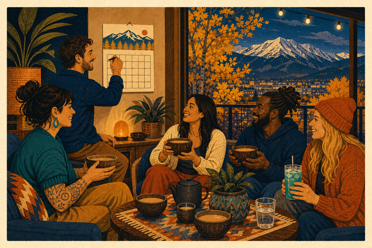 Illustration of friends beginning Sober October with kava, a Colorado fall calendar, golden leaves, and Pikes Peak