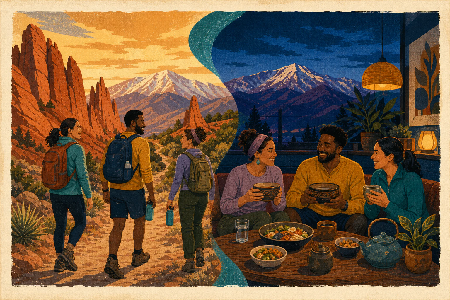 Illustration of hikers leaving Garden of the Gods at sunset for kava, food, and an alcohol-free Colorado Springs evening