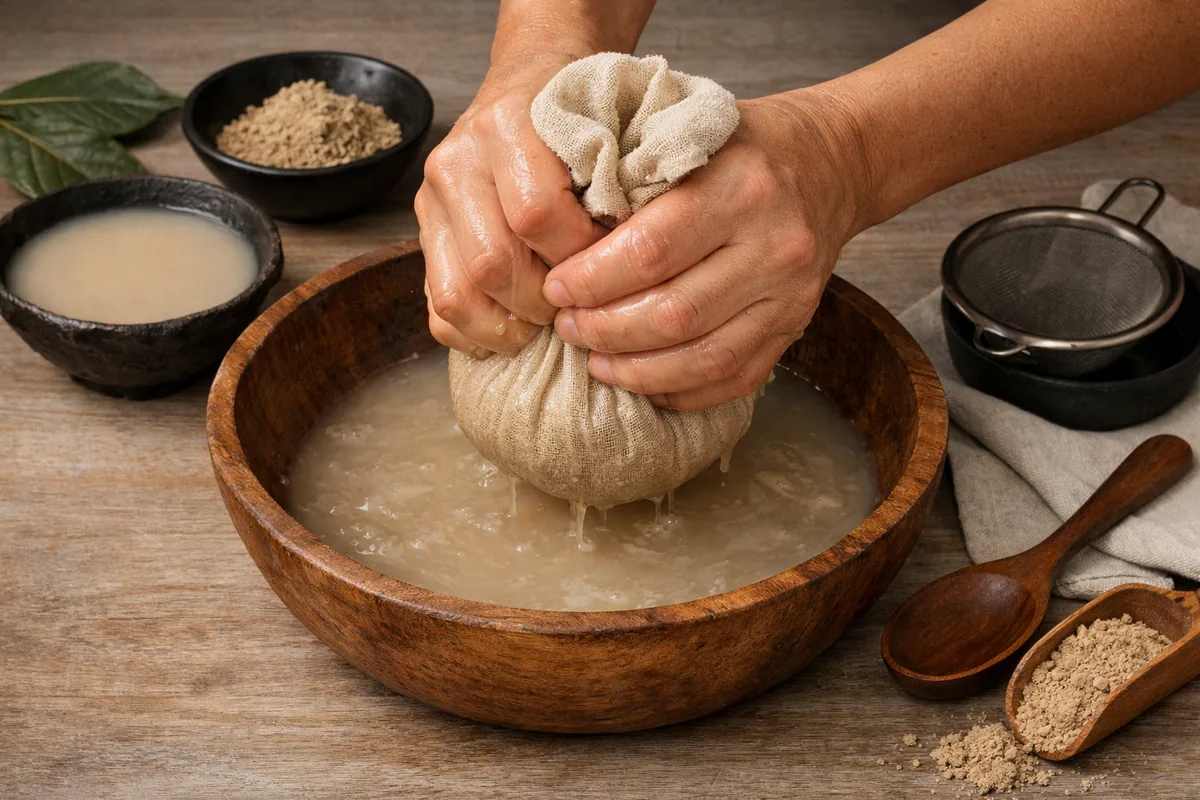 Traditional kava being kneaded and strained in a wooden bowl