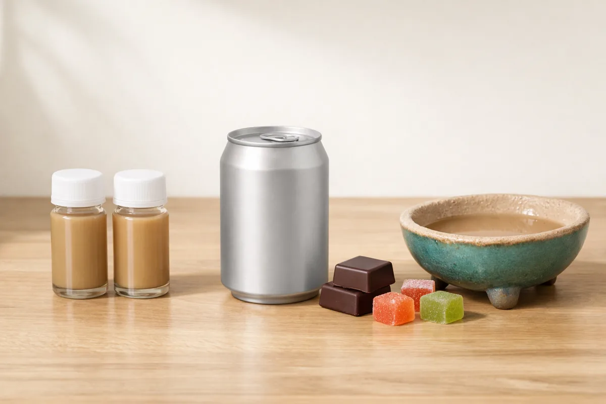 Simple kava to-go products beside a traditional kava shell