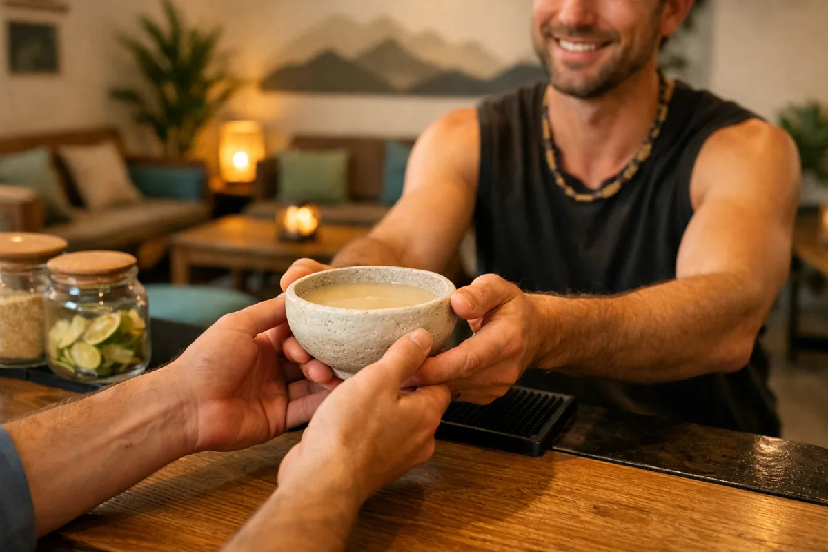 A kavatender handing a guest a kava shell at Kava Works